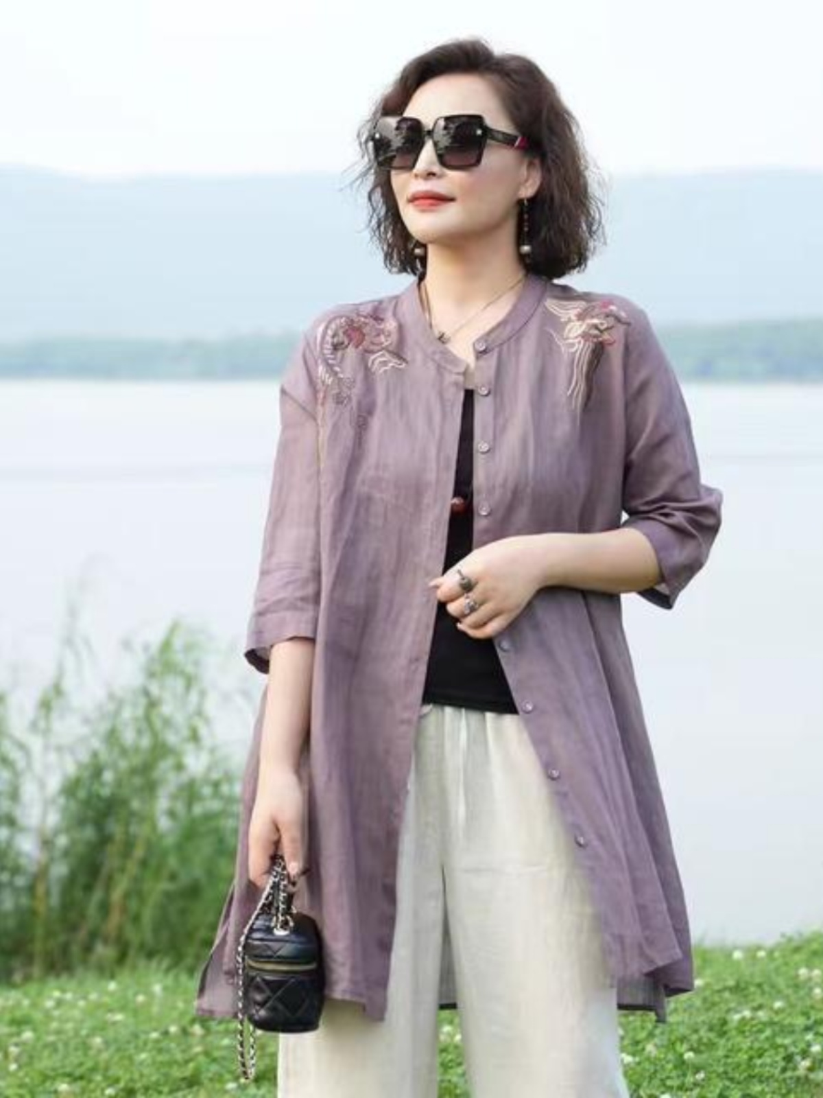 Embroidery Cardigan - Camicia esterna sottile in misto cotone