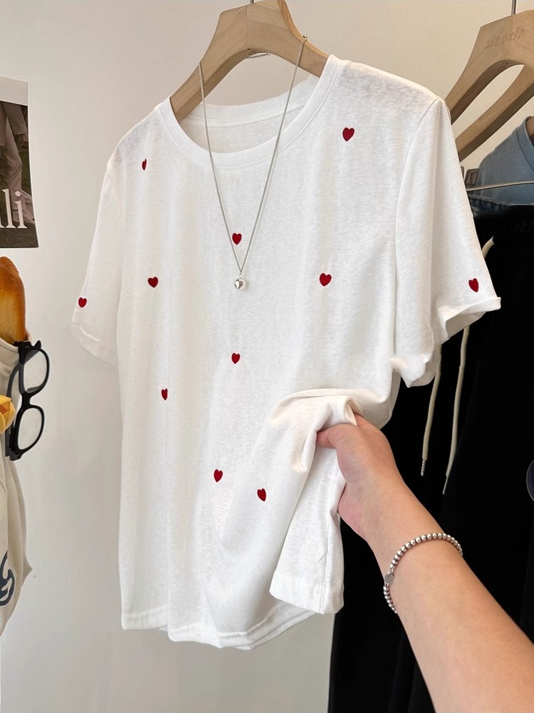 Embroidery Love - T-shirt da donna estiva a mezza
