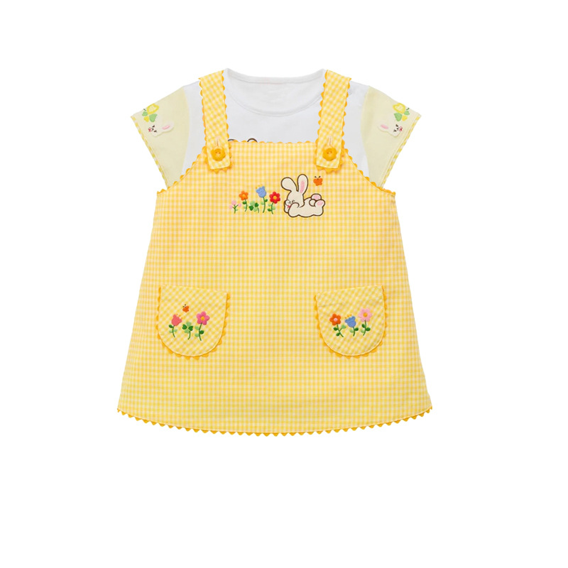 Embroidery Yellow Flower - Vestito Salopette a Quadretti con Coniglietto