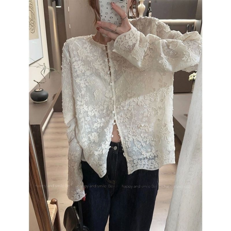 Embroidery Cardigan - Camicia di pizzo tridimensionale ricamata alla